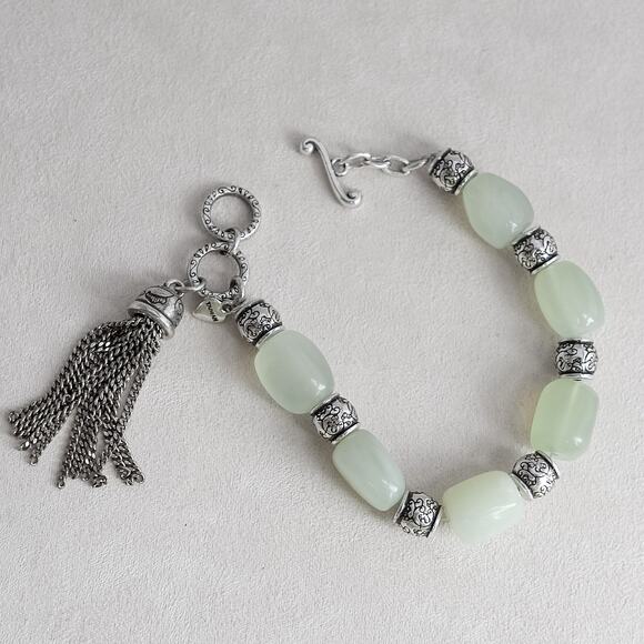 Brighton Jade Beaded Toggle Closure Bracelet Tassel Retired 7-8" Silver Plate - Picture 1 of 5